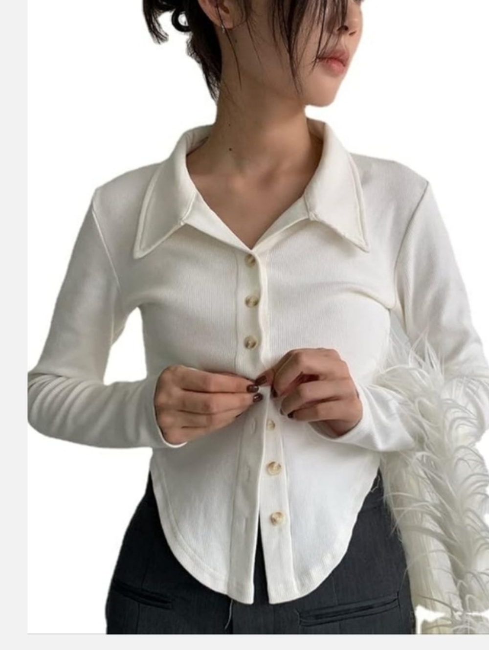Amazon Cream Button-Front Ribbed Collared Top